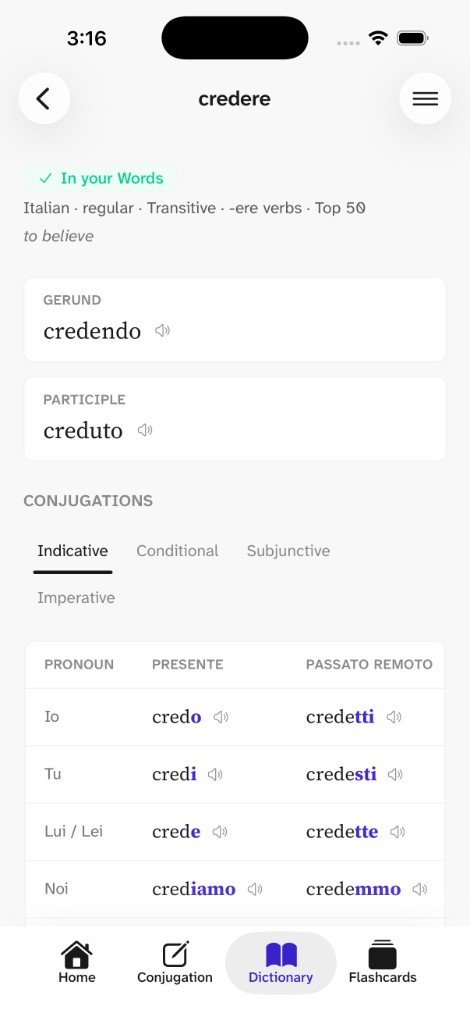 Italian verb conjugation for credere, to believe, with endings highlighted for mastery
